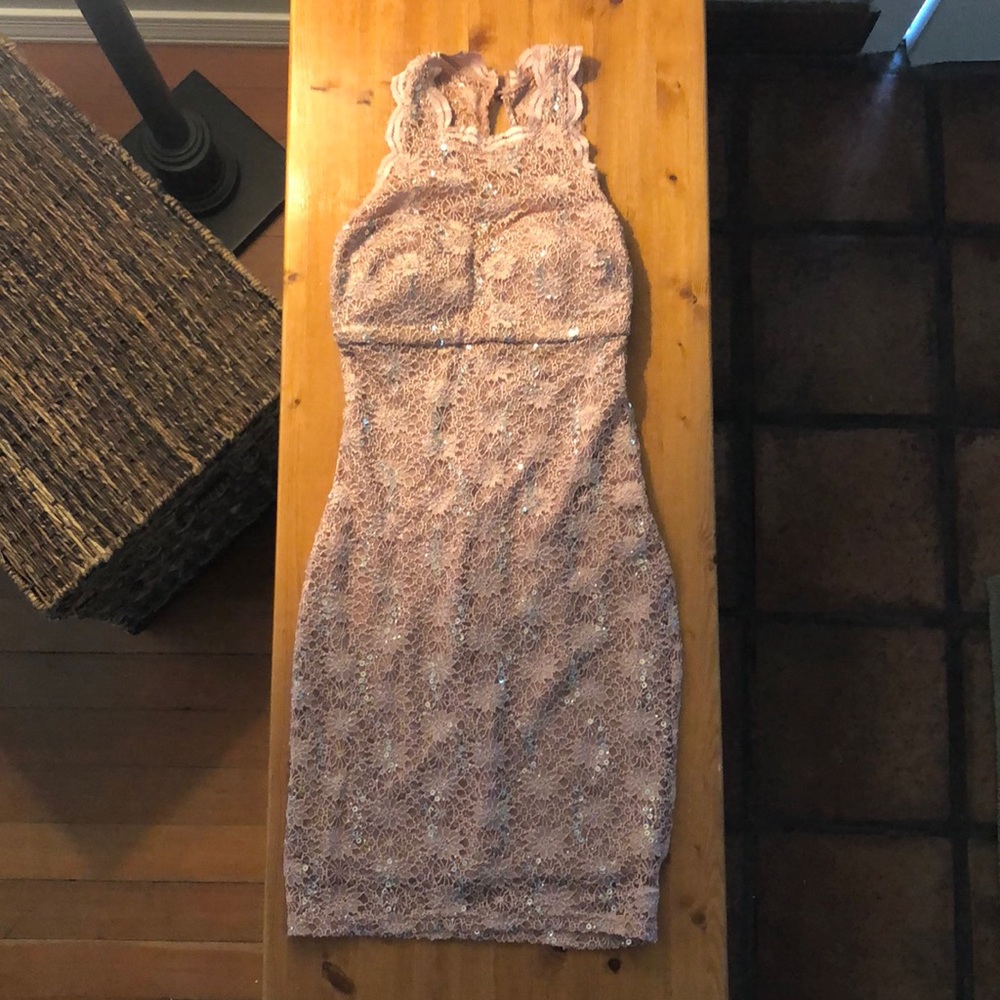 BLUSH COLORED, SEQUINED HOMECOMING DRESS